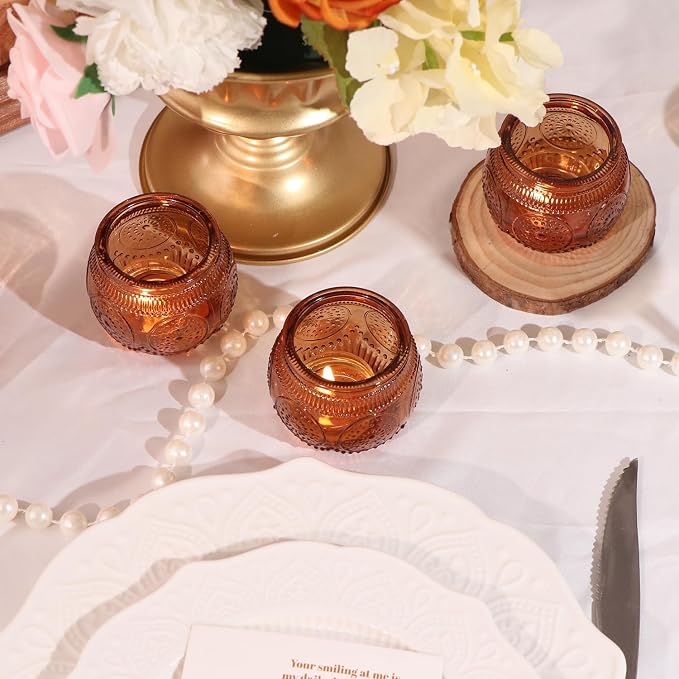 12 Pcs Amber Candle Holders- Floral Style Vintage Candle Holder for Rustic/Boho Wedding Table centerpieces, Bridal Shower, Baby Shower Decoration