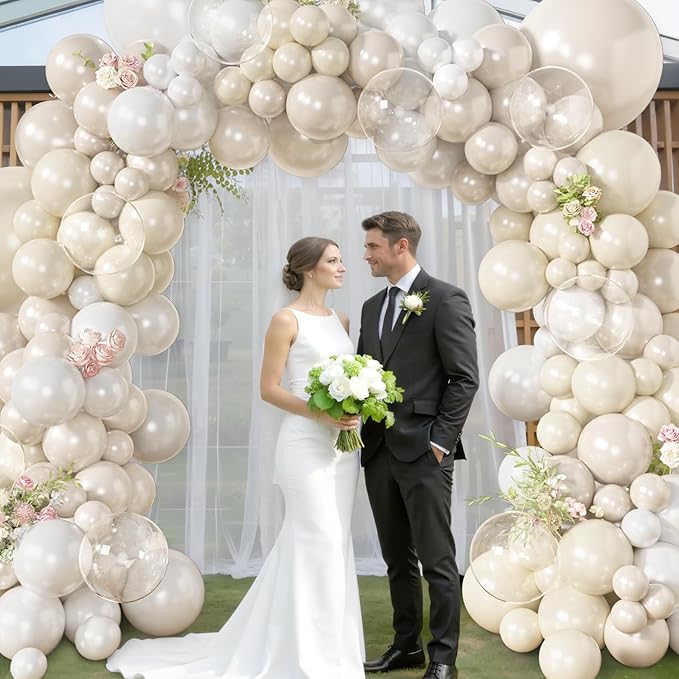 Amandir 173 Pcs Pearl White Balloon Arch Garland Kit, Double-Stuffed Pearl Ivory White Sand Clear Baptism Balloons for Wedding Bridal Shower Engagement First Communion Birthday Party Decorations