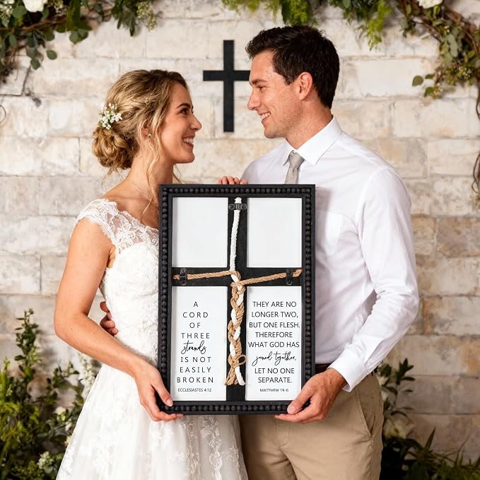 Farmhouse A Cord of Three Strands Wedding Ceremony Sign with Wooden Bead and Hanging Hook, Vintage Rustic Wood Unity Cross for Wedding Ceremony, 11 X 15 Religious Christian Wall Decor Gift for Couple