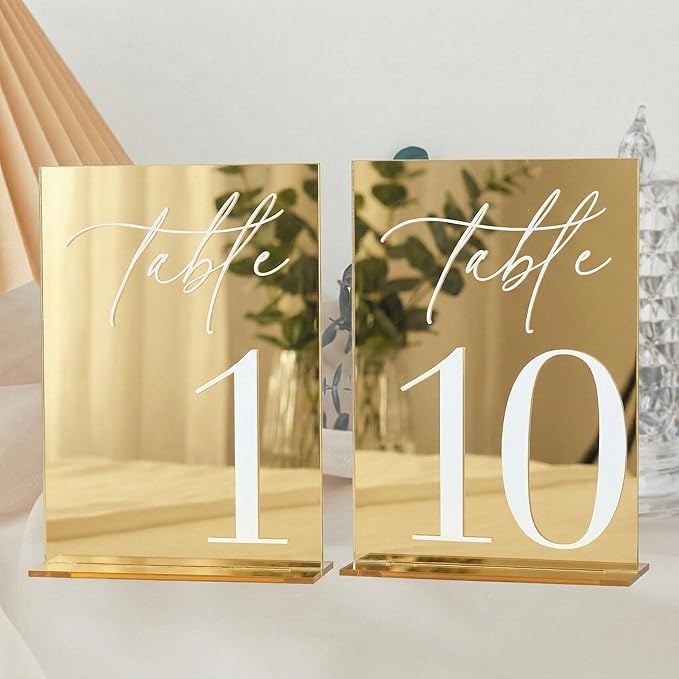 Acrylic Wedding Table Numbers 1-10 with Stands, 5"x7" Gold Mirror Acrylic Signs with 3D White Numbers, Gold Mirror Table Numbers for Wedding Reception, Anniversary, Event