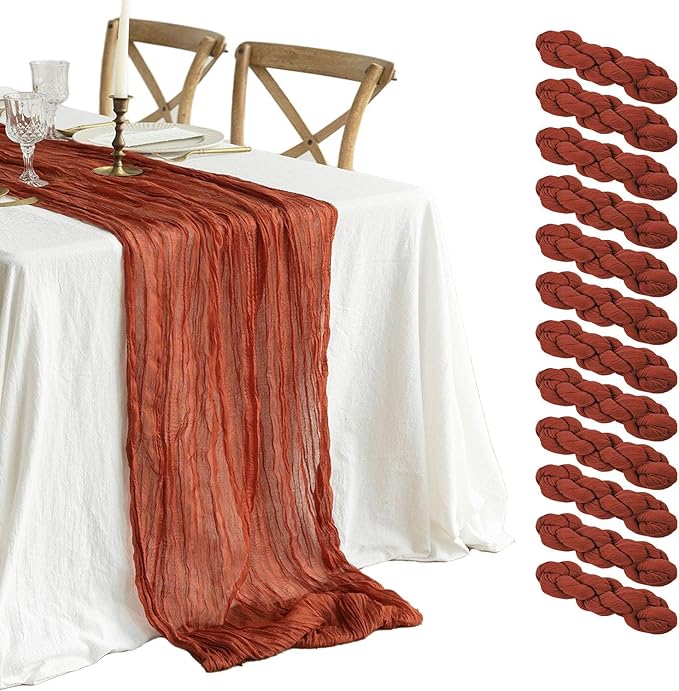 12 Pcs Terracotta Cheesecloth Table Runner 13ft Boho Gauze Cheesecloth Table Runner 160 inch Long for Christmas Wedding Bridal Baby Shower Birthday Table Decorations