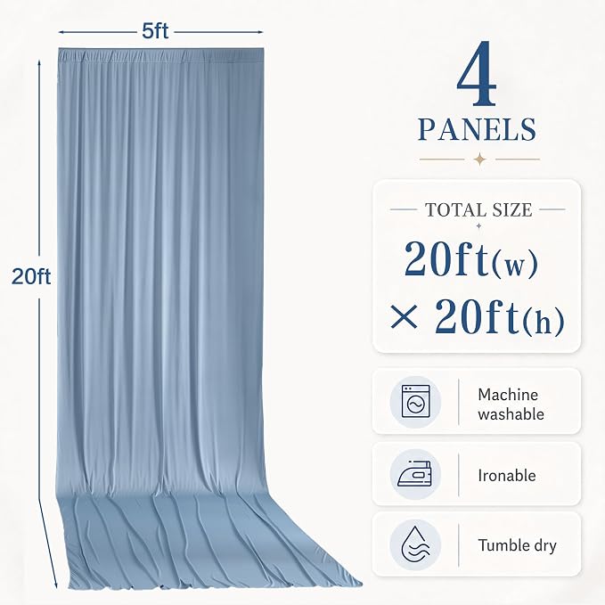 4 Panels 5x20ft Dusty Blue Ceiling Drapes for Wedding Parties, Wrinkle Free Thick Polyester 20ft Extra Long Wedding Draping Ceiling Curtains Arch Drapery for Birthday Party Canopy Tent Decor