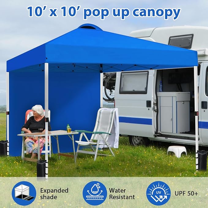 Durable 10 x 10 Pop-up Canopy Tent with 1 Sidewall, Portable Instant Camping Beach Canopy Tents, Blue