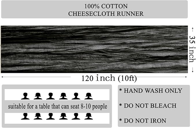 MDS Pack of 25 Cheesecloth Table Runner 35x120 Inch, 10FT Long Gauze Cheese Cloth Table Runner for Wedding Party Birthday Bridal Shower Farmhouse Garden Boho Rustic Table Decoration - Black