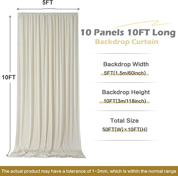 50 ft x 10 ft Wrinkle Free Champagne Backdrop Curtain for Parties, 10 Panels 5x10ft Silky Polyester Wedding Backdrop Drapes Photo Back Drop Cloth for Birthday Baby Shower Photography Background