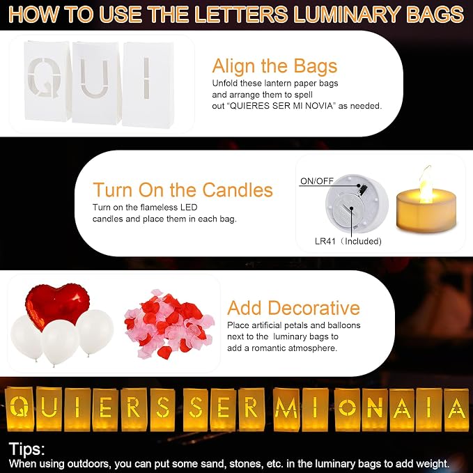 Quieres Ser Mi Novia Decorations, Light Up Letters Rose Petals LED Tea Lights Candles Latex Foil Balloons, Paper Luminary Bags for Her Proposal Anniversary Valentines' Day Decor