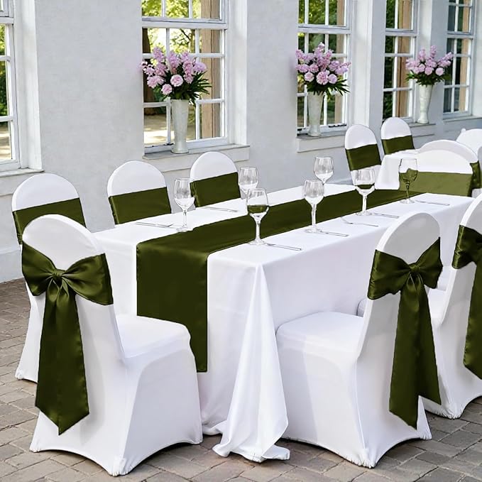 MDS Satin Chair Sashes, 150 Pack, 7”x108” Each, Decorative Chair Bows Ribbon Tie Backs for Wedding Party, Holiday Dinner, Birthday, Reception, Banquet, Hotel & Event Decoration - Olive Green