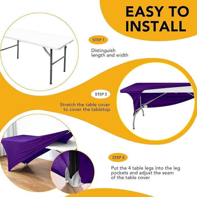 6-Pack Premium Purple Spandex Tablecloths for 6ft Rectangle Tables, Stain & Wrinkle-Resistant, Washable Stretch Polyester Fitted Table Cover for Weddings, Banquets, Trade Shows Events