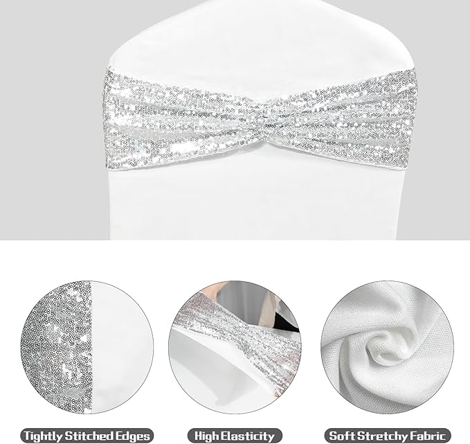 Poise3EHome Set of 50 Stretch Sequin Chair Sashes Silver One-Sided Sequins Decorative Bands for Wedding Party Event Chair Covers
