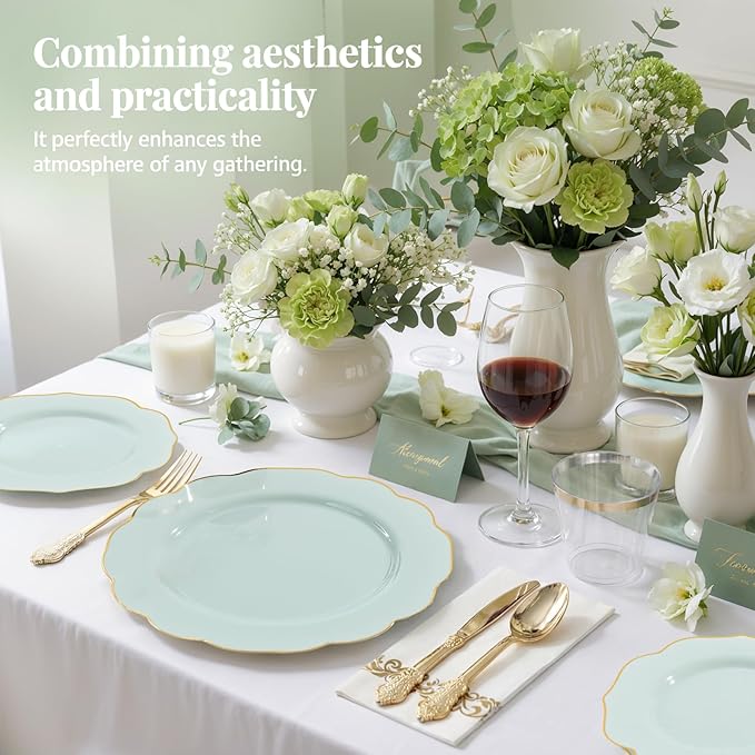 NOCCUR 175PCS Sage Green Plastic Plates with Gold Disposable Silverware - Include 50 Green and Gold Plastic Plates,25 Knives,25 Forks,25 Spoons,25 Cups and 25 Napkins - Mother's Day/Spring Party