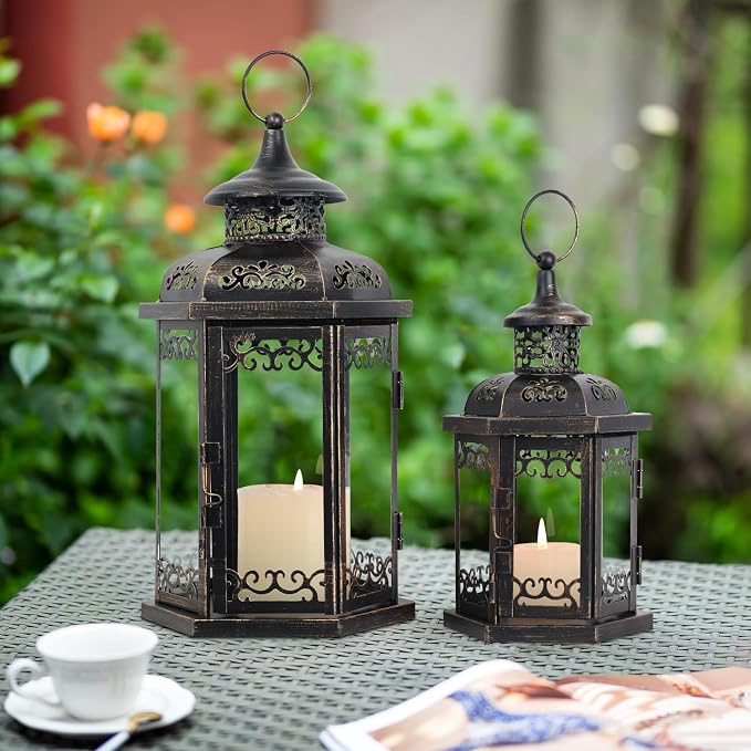 Large Lantern Decorative Outdoor & Indoor, Set of 2 (15’’&11’’) Metal Candle Lanterns Decor, Vintage Hanging Candle Holder for Front Porch Patio Wedding Farmhouse Home, Spring Decoration