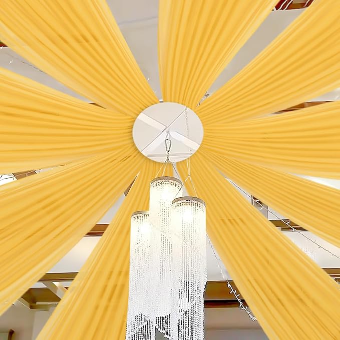 DUOBAO Chiffon Ceiling Drapes 20FT 4 Panels Gold Sheer Wedding Backdrop Curtains for Indoor Events Banquet Hall Tent Drapery Soft Draping Fabric for Arches Christmas and Photography（Golden）