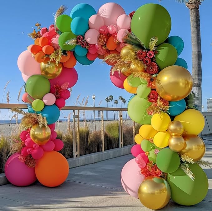 Tropical Balloons Arch Pink Green Orange Gold Balloons Pastel Yellow Teal Balloon Garland For Flamingo Beach Hawaiian Luau Aloha Summer Birthday Baby Shower Party Decorations