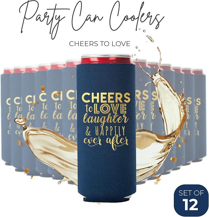 Wedding Can Cooler Decorations Set of 12 - Cheers to Love Laughter and Happily Ever After, Wedding Rehearsal Dinner Decorations - Bridal Showers, Engagement Party Favors for Guests and Supplies