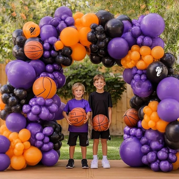 Purple Orange Balloon Arch Kit, Double Stuffed Purple Lavender Orange Black Balloon Garland for Basketball Sport Theme Birthday Race Car Magic Graduation Baby Shower Party Decorations