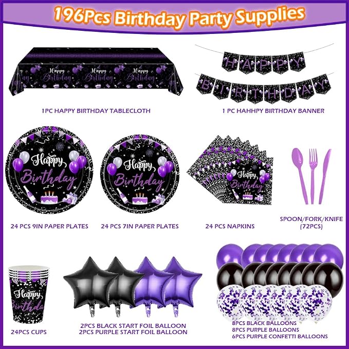 219Pcs Purple Black Birthday Decorations Party Supplies for Women Men Girls Purple and Silver Birthday Plates Napkins Cups Tableware Set with Banner Tablecloth Confetti Balloons, Serves 24