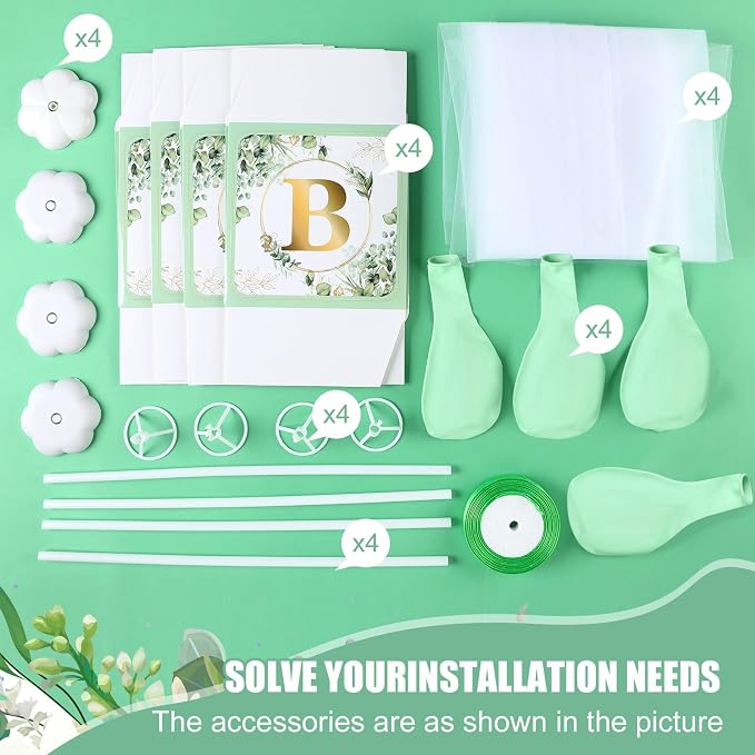 4 Set Sage Green Tulle Tutu Balloon with Letter Boxes Baby Shower Table Centerpieces Decor for Gender Reveal 24'' Balloons White Tulle Cover with Stand, Boxes for Girl Boy Wedding Birthday Party