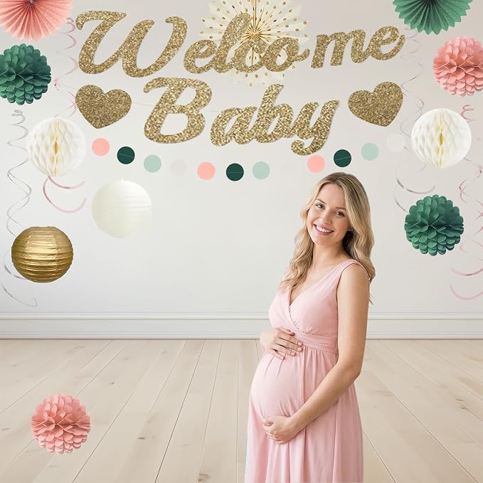Pink Sage Green Baby Shower Decorations, Welcome Baby Banner with Honeycomb Balls, Paper Flowers, Lanterns, Fans, Circle Garland for Nursery, Gender Reveal Party Decor 19pcs