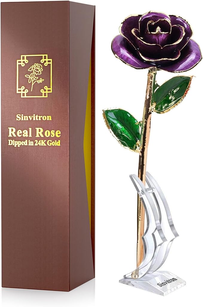 Sinvitron Gold Dipped Infinity Rose Forever Flower Decor, Resin Preserved Real Rose Birthday Gift for Women, Anniversary Present for Mom (Purple)