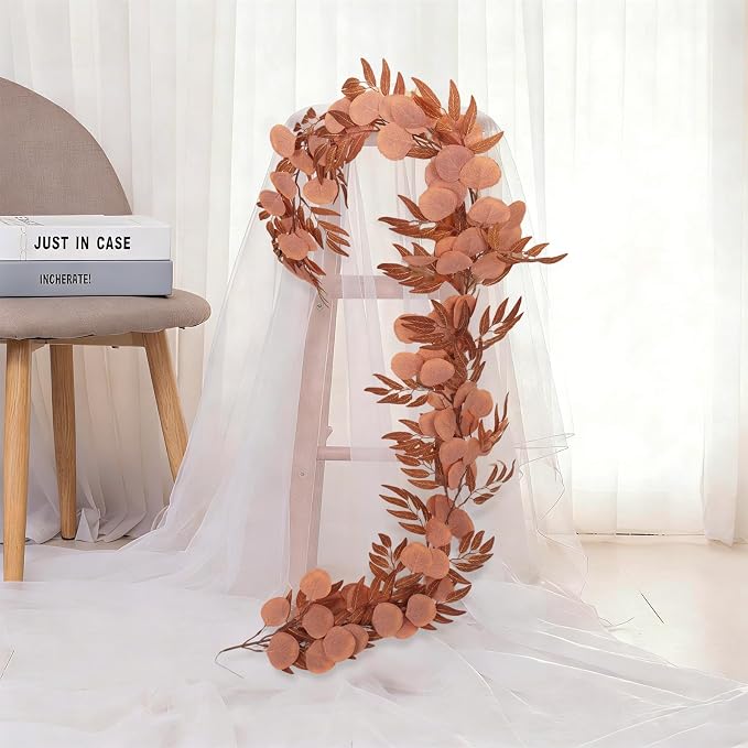RECUTMS 2Pcs Artificial Fall Eucalyptus Garland with Willow Leaves 6Ft Hanging Silk Orange Leaf Vine Greenery Faux Ivy Plants Indoor Outdoor Home Office Party Wedding Table Arch Fireplace Autumn Decor
