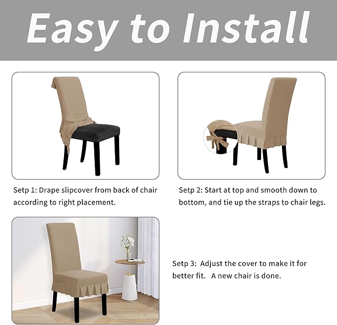 Easy-Going Dining Chair Covers Stretch Parsons Chair Slipcover with Skirt Chair Covers for Dining Room Restaurant Banquet (8 PCS, Khaki)