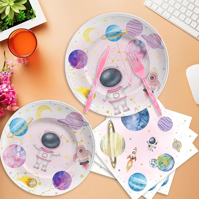 140PCS Space Themed Paper Plates Party Supplies Decorations, Supplies for Girls Baby Birthday Party Decorations Pink Moon Star Outer Space Planet Theme Plates Set for 20 Guests