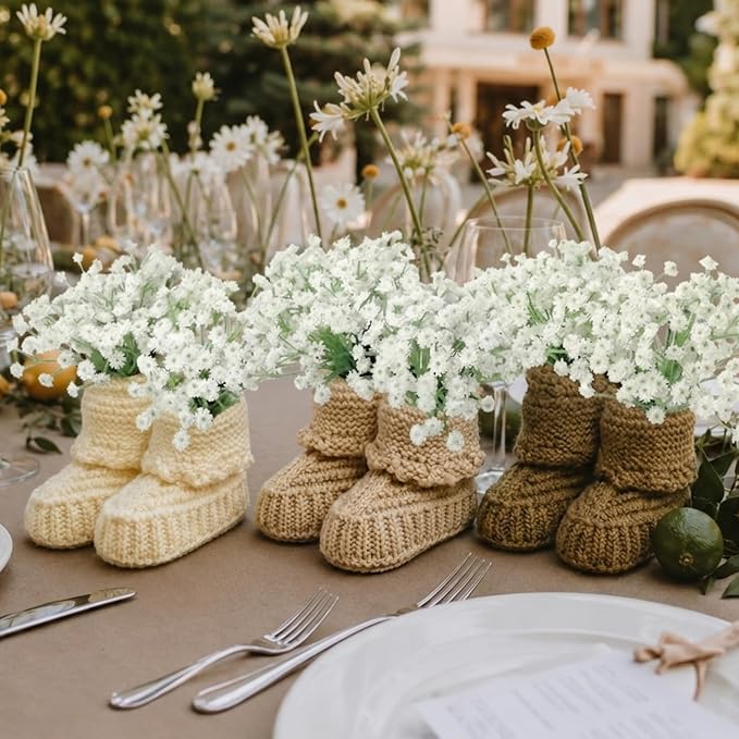 12 Pcs Handcrafted Boho Baby Shower Decorations, Baby Shower Table Decorations Centerpieces with Reusable Boho Flowers & Crochet Newborn Booties, Creative Gift for Gender Reveal Party, New Parents