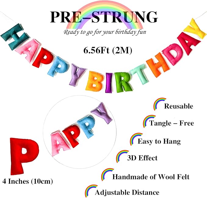 Pre-Strung Happy Birthday Banner - Felt Ball Garland, Rainbow Party Decorations, HAPPY BIRTHDAY Garland, Personalized Birthday Sign for Birthday Decor, Party Decor, Photo Prop (Colorful Happy Birthday Banner)