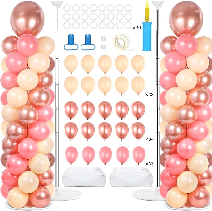 2 Sets Rose Gold Balloon Column Stand Kit with 100 Balloons Adjustable Balloon Tower Stand with Bases for Floor Balloons Column Kit for Wedding Graduation Birthday Appreciation Party Decor