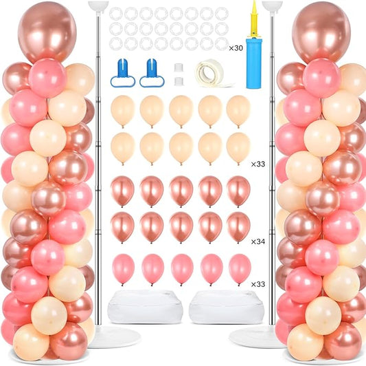 2 Sets Rose Gold Balloon Column Stand Kit with 100 Balloons Adjustable Balloon Tower Stand with Bases for Floor Balloons Column Kit for Wedding Graduation Birthday Appreciation Party Decor