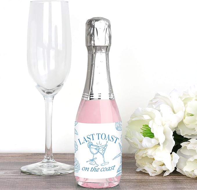 Big Dot of Happiness Last Toast on the Coast Mini Wine and Champagne Bottle Label Stickers, Beach Bachelorette Party Favor Gift for Coastal Bridal Shower - Set of 16