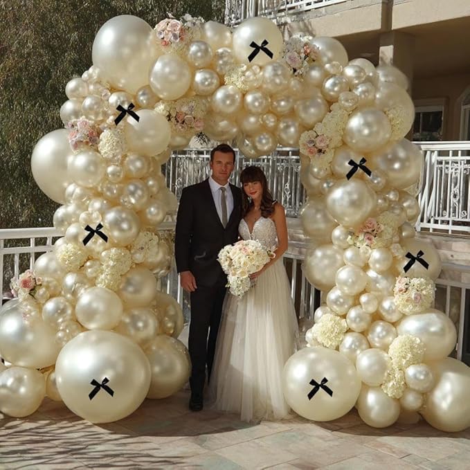 Pearl Sand White Balloon Arch Kit with Black Bow Double Stuffed Pearl Cream Ivory Beige Balloon Garland Different Size 5/12/18 Inch for Bow Birthday Bridal Wedding Baby Shower Coquette Party Decor