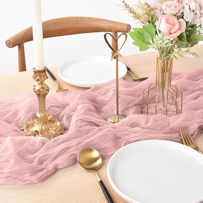 Joanlody Dusty Rose Cheesecloth Table Runner Spring Summer 10Ft Rustic Gauze Boho Cheese Cloth Table Runner for Wedding Bridal Baby Shower Decoration 4 Pack