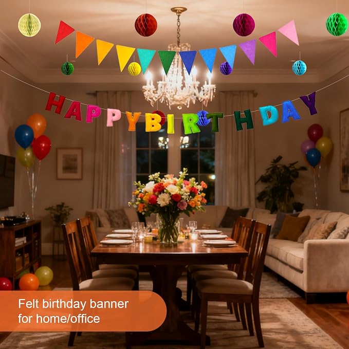 Pre-Strung Happy Birthday Decoration, Fabric Felt Birthday Banners Poms Pom Party Garland Felt Pennant Flag With 10PCS Honeycomb Balls, Reusable Party Celebrations