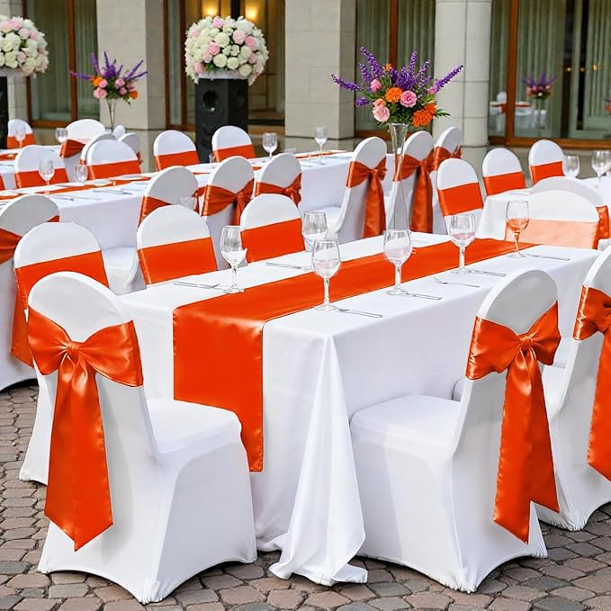 MDS Satin Chair Sashes, 10 Pack, 7”x108” Each, Decorative Chair Bows Ribbon Tie Backs for Wedding Party, Holiday Dinner, Birthday, Reception, Banquet, Hotel & Event Decoration - Orange