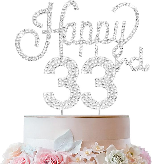 LINGTEER Happy 33rd Birthday Silver Rhinestone Cake Topper - Cheers to 33rd Birthday 33 Years Old Anniversary Party Cake Centerpieces Topper Decorations Gift Sign.