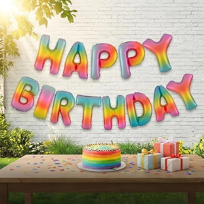 Rainbow Happy Birthday Banner Foil Letter Balloon, 14 Inch 3D Colorful Patterned Reusable Mylar Foil Letters, Birthday Decorations (Birthday Banner 4)