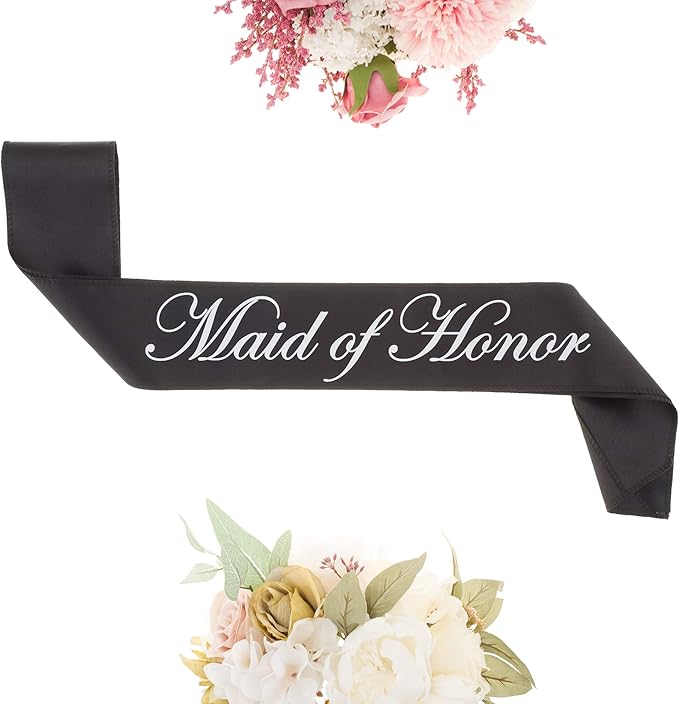 Ella Celebration Maid of Honor Sash, Black Satin Double Layer Bridal Party Sashes for Bachelorette Party (Maid of Honor Black)