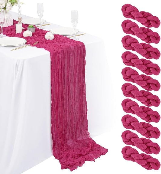 10 Packs Cheesecloth Table Runner, 10Ft x 35" Rose Red Rustic Gauze Boho Wedding Table Decor, Hot Pink