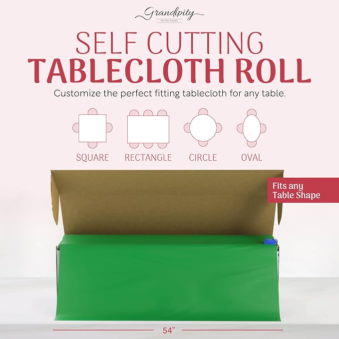 Grandipity Plastic Tablecloth Roll - 54in x 300 Ft. Green Plastic Table Cloths for Parties Disposable with Cutter Box - Cut to Size Disposable Tablecloth Table Cover for Rectangle & Round