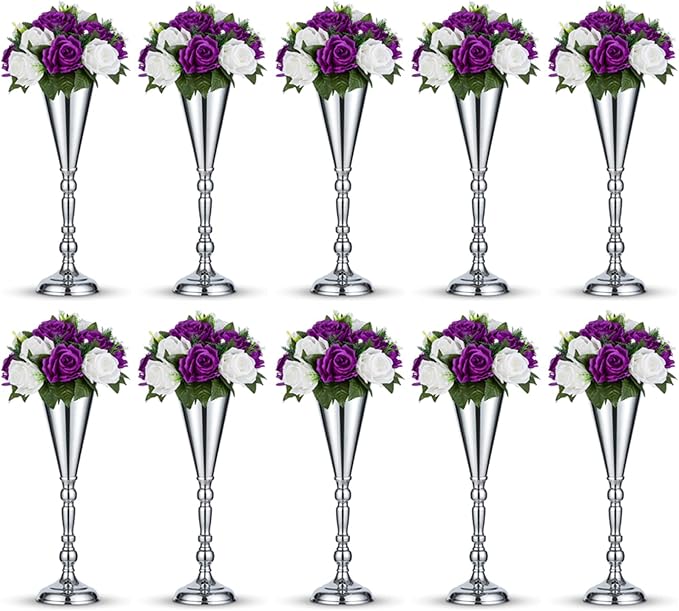 10 Pcs Tabletop Silver Metal Wedding Flower Trumpet Vase, 16.5 inch Table Decorative Centerpiece Artificial Flower Arrangements for Anniversary Ceremony Party Birthday Event Home Decoration (Silver)