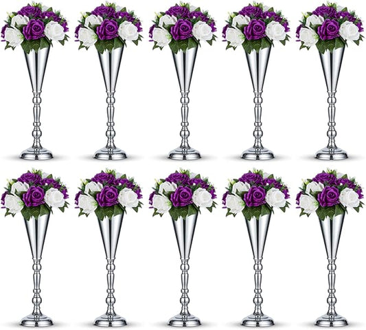 10 Pcs Tabletop Silver Metal Wedding Flower Trumpet Vase, 16.5 inch Table Decorative Centerpiece Artificial Flower Arrangements for Anniversary Ceremony Party Birthday Event Home Decoration (Silver)