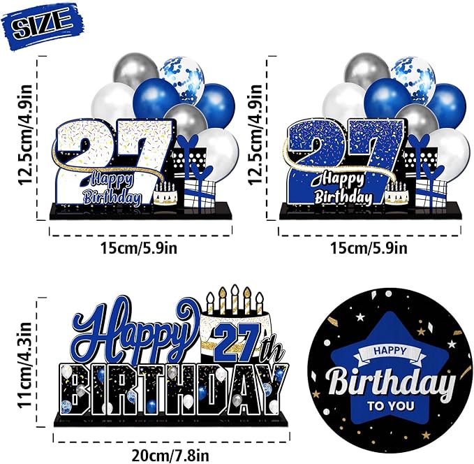 LINGTEER Happy 27th Birthday Blue Acrylic Table Topper Centerpieces Set - Cheers to 27 Years Old Birthday 27th Bday Party Gift Decorations.