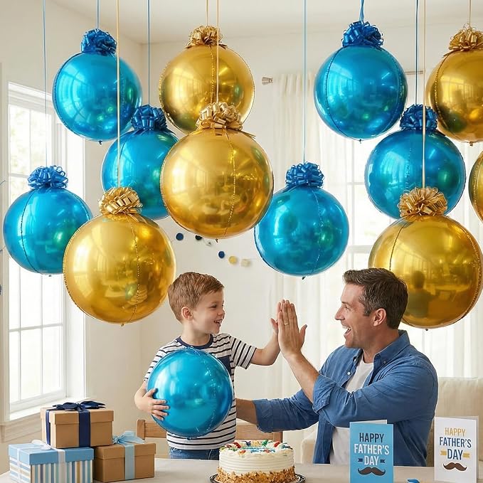 6 Pack Royal Blue and Gold 4D Orb Balloons - 22 Inch Large Metallic Sphere Mylar Balloons with Pull Bows, Hanging Ceiling Decorations for 2026 Graduation, Father's Day, Men's Birthday Party