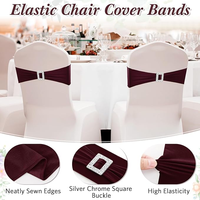 VitalCozy 150 Pcs Spandex Chair Sashes with Square Buckle Slider Stretch Chair Cover Band Universal Elastic Ties Straps Bows for Wedding Banquet Event Party Decoration(Burgundy)