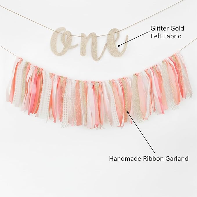 PapaKit Girls 1st Birthday High Chair Premium Decoration Set - Pink & Gold Ribbon Garland, Crown, One Banner & Cake Topper | Coquette Fairy Princess Theme | Smash Cake Photo Prop Backdrop