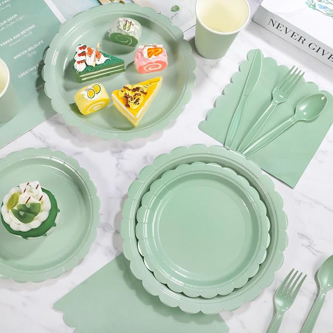 175 Pcs Party Plates and Cups and Napkins Sets, 9" Paper Plates, 7" Dessert Plate, 9oz Cups & Cutlery, 25 Guest Scalloped Sage Green Party Supplies for Wedding, Bridal Baby Shower, Birthday | 175 Pcs Sage Green Party Decor Include 9" Paper Plates, 7" D...