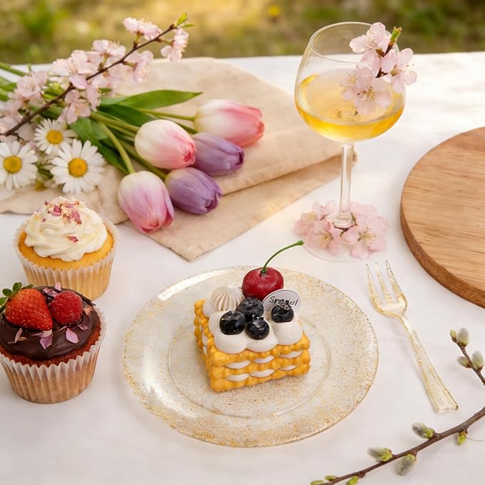 Festiva 200Pcs Gold Glitter Dessert Plates 6.3" with Forks 5"-Small Plastic Dessert/Cake/Appetizer Plates Disposable for 100 Guests Easter Party &Wedding& Birthday&Mother's Day