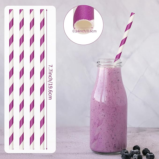 100 Packs Purple Biodegradable Striped Paper Straws, Disposable Drinking Straws for Birthday Carnival Summer Pool Party Wedding Baby Shower Halloween Christmas Party Decoration Supplies