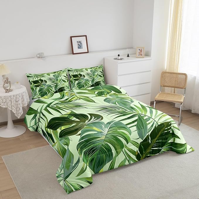 jejeloiu Green Palm Leaf Comforter Set Full Size Kids Tropical Leaves Pattern Green Bedding Set for Boys Girls Summer Tree Branches Nature Theme Duvet Quilt Room Decor